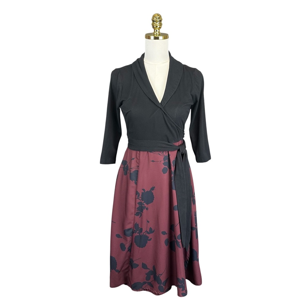 eShakti Floral Wrap A-Line Midi Dress Pockets Sz 8 Black‎ Burgundy Dark Academia